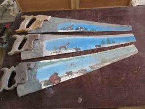 lot 198 image: (3) Painted Hand Saws...