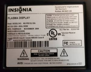 50 Insignia Plasma TV wo chord