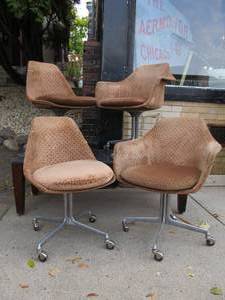 Matching Set of 4 Mid Century Signed BURKE Upholstered Swivel Armchairs