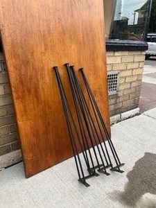 1950s Mid Century Iron Hairpin Table Legs wLarge Solid Wood Tabletop