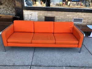 Vintage Mid Century Thick Tubular Chrome Couch wOrange Upholstery