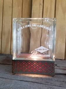 lot 136 image: Vintage Grain Belt Light-Up Glass Block with Stand
