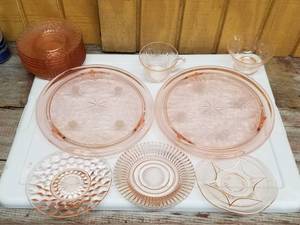 lot 243 image: Pink Depression Cake Plates, CupSaucers, Bowl
