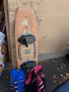 lot 33 image: Evil Twin Wake Board, 2-Life Jackets-  1-Youth, 1-Adult Small