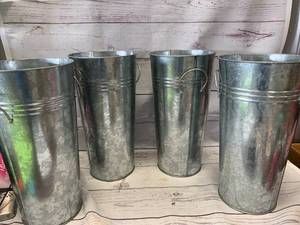 lot 25 image: Lot of 4 Galvanized Planter Cans 14 Tall
