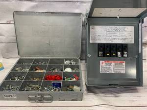lot 98 image: Klein Tool Box Filled & Square D Breaker Box
