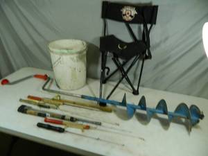 lot 39 image: Ice Fishing Auger, Rods, Etc