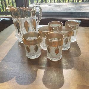 lot 1411 image: Art Deco Golden Cut Glass Pitcher and Glasses
