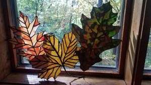 lot 1001 image: Collection of 3 Large Stained Glass Fall Leaves