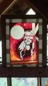 lot 207 image: Stained Glass Art Native American Indian with Full Moon