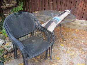 Patio table, umbrella, stacking cha...