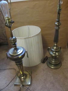 Pair brass lamps, one shade...