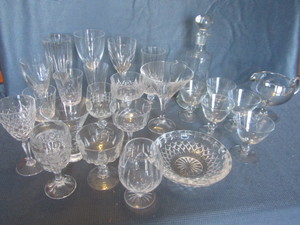 Decanter, set of five etched stems,...