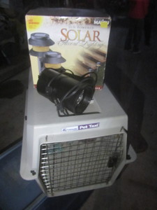 Pet taxi & bowls, solar lights, dis...
