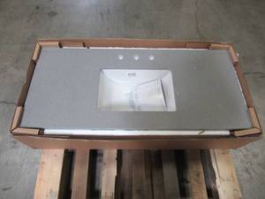 lot 211 image: Home Decorators Collection 49 in. W x 22 in. D Engineered Quartz Vanity Top in Sterling Grey with White Single Trough Basin 49112