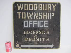 lot 10 image: Old Vintage 1950s Era WOODBURY TOWNSHIP Metal Office Sign