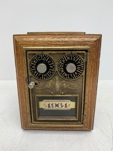 lot 39 image: Solid Oak & Brass Postal Box Coin Bank
