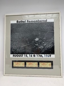 lot 32 image: WOODSTOCK Bethel Remembered Framed Photo Print w1969 Concert Advance Tickets