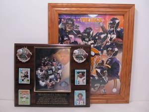 lot 118 image: MN Vikings Wall Plaque wvintage Cards & Framed Vikings Poster.