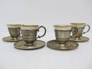 lot 149 image: Set of 4 Vintage Sterling Silver wLenox Porcelain Demitasse Cups wSterling Saucers