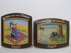 lot 189 image: 2 Vintage SCHMIDT BEER Embossed Vacuum Form Scarecrow Beer Signs