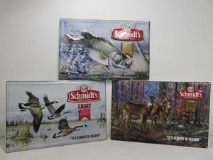 lot 217 image: Lot of 3 SCHMIDT Beer Metal Fishing & Hunting Signs
