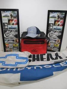 lot 221 image: Lot of CHEVY Advertising Items - Large Banners Pictures Folding Seat & New Hat