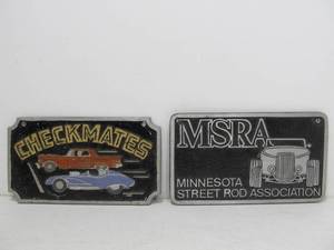 lot 227 image: 2 Embossed Aluminum Car Plaques - Checkmates & MSRA