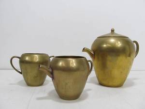 lot 231 image: Mid Century Modern Style Solid Brass 3 Piece Tea Pot Set