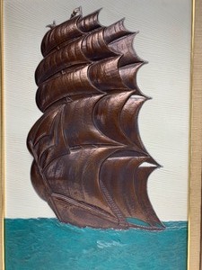 lot 301 image: Vintage 1960s Hand Decorated IDEAL ORIGINALS Embossed Clipper Ship Artwork