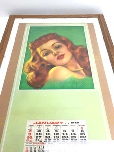 lot 311 image: Large Vintage 1940s Framed Pinup Print Calendar