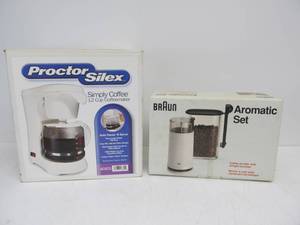 lot 128 image: Brand New Proctor Silex 12-Cup Coffee Maker & Braun Coffee Bean Grinder