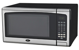 lot 18 image: OSTER Countertop Microwave Stainless Steel Black 1.1 cu. Ft. 1000-Watt with Push Button