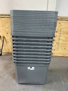 lot 96 image: BLUE HAWK Lot of 9 27-Gallon (108-Quart) Gray Totes with 16 Lids