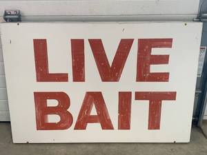 lot 61 image: 1960s or 70s Live Bait Metal Sign