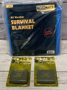lot 84 image: Lot of 2 Hunting Camo Face Paint & Survival Blanket