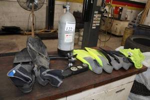 lot 122 image: Scuba Equipment, Air Tank, AMF Air Regulator, Scuba Pro Jetfin Flippers Mens 11, Dacor Sport Flippers XL 11-12, Zuma Reef Flippers Mens 8-9, Deepsee Flippers 6-7