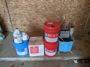 lot 556 image: Lot of Floor Chemicals and Mop Bucket