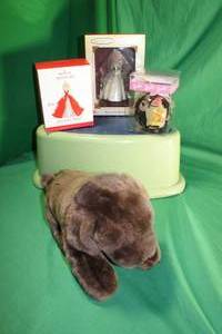 lot 130 image: Holiday Barbie Ornament, Blushing Bride Ornament, Barbie Ball Ornament & Barbie Chocolate Lab