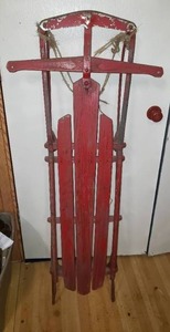 lot 74 image: Vintage Red Wood & Metal Runner Sled