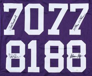 lot 27 image: Purple People Eaters Jersey Signed by (4) with Alan Page, Carl Eller, Jim Marshall & Gary Larsen (JSA COA)