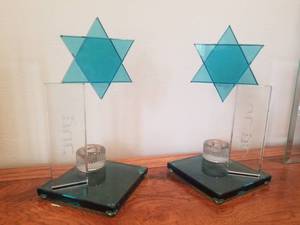 lot 237 image: Beautiful Pair of Art Glass Candle Holders- Star of David