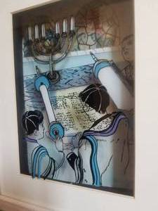 lot 41 image: Triple Glass Painted Dimensional Framed Painting  Torah Reading
