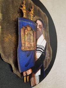 lot 32 image: Amazing Jewish Handpainted Wood Relief Art by Irwin H. Brown- Rabbi and Torah