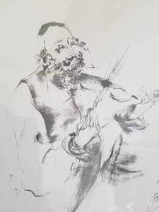 lot 27 image: Jewish Charcoal Art Lithograph by Salvador Ben Juya- Fiddler