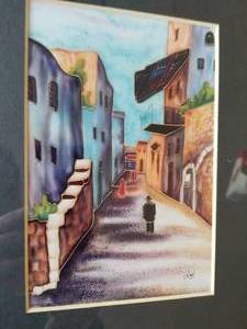 lot 39 image: Amazing Israeli Silk Art Print by Lavi- Old Jerusalem Road