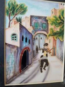 lot 38 image: Amazing Israeli Silk Art Print by Lavi- Fiddler in the Alley