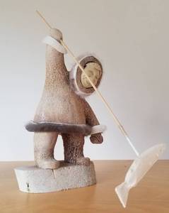 lot 202 image: Alaskan Carved Whalebone Spear Fisherman, Signed Norman