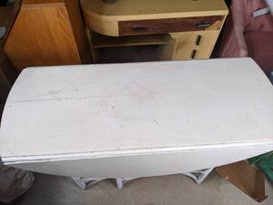 lot 161 image: Drop Leaf White Wood Table with Wicker Legs