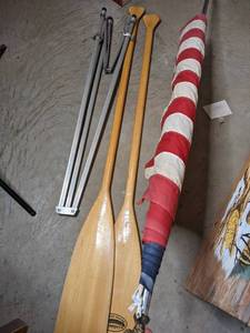 lot 130 image: Large American Flag and Pair of Canoe Paddles